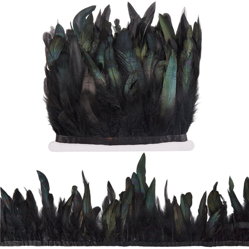 GORGECRAFT 5m 5~7 inch Width Rooster Hackle Feather Fringe Trim Black Decoration Feather Trim Ribbon Natural Feather Trimming for DIY Costume Accessories Halloween Carnival Masquerades Cosplay