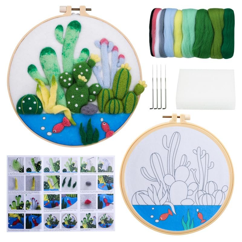 Wonafa DIY Wool Needle Felt Starter Kit, Beginner Needle Felt Kit with Wool Felt Bag, Felts Needles, Photo Frame, Foam Mat, Felts Cloth and Instructions for Home Decor, Art Crafts (Style 5)