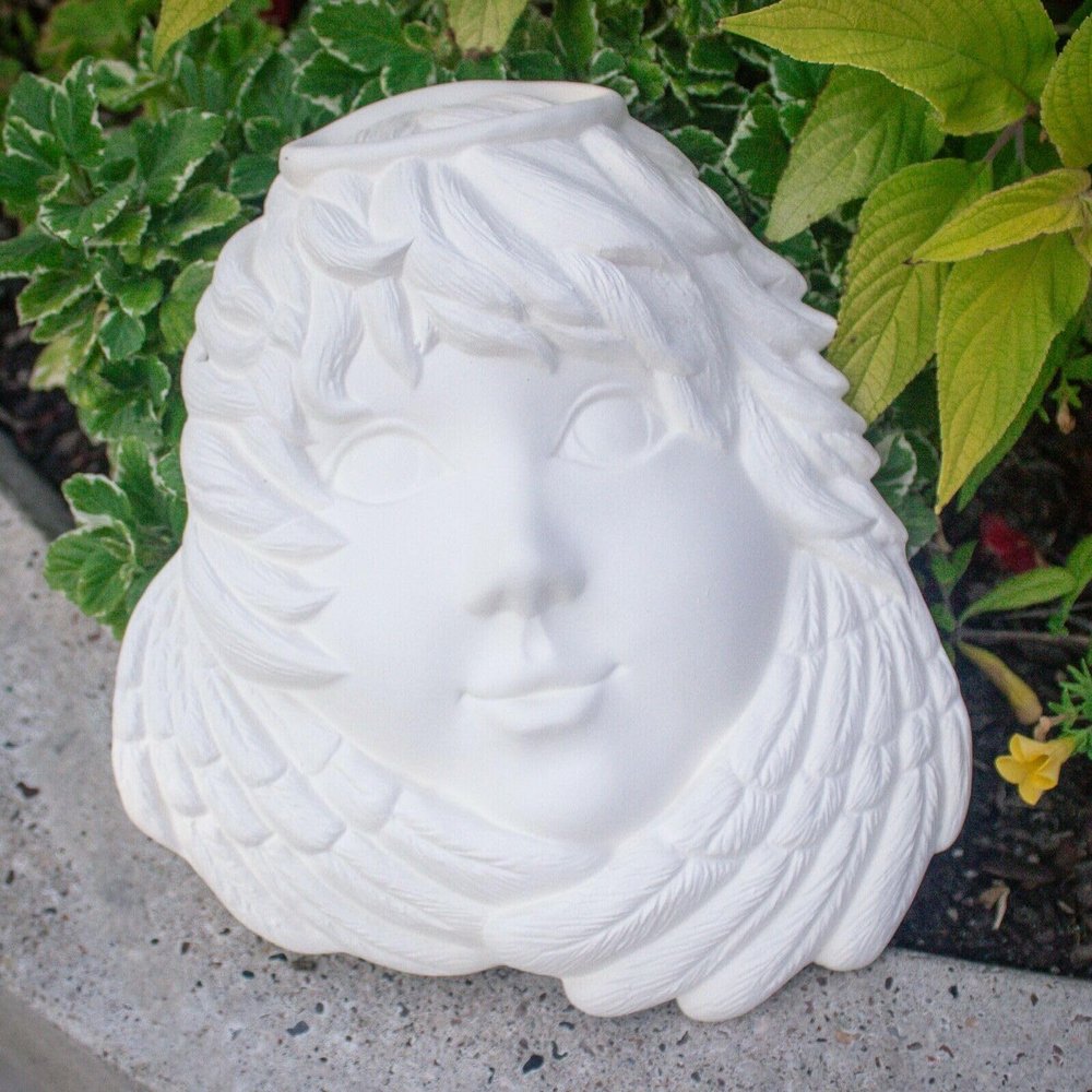 NineTribe Basics Angel with Halo Mask 9x8 Ceramic Bisque Ready to Paint Pottery, White