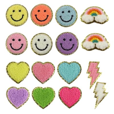 BAYAJIAZ ZHENGO Smiley Face Patches, Iron On Patches for Clothes, Smile Face Heart Rainbow Lightning Patch Sew On, Patches for Jackets, Clothes, Jeans, Hat, Backpacks, 16Pieces