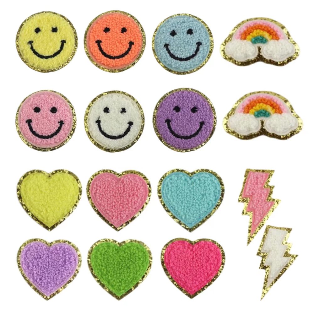 BAYAJIAZ ZHENGO Smiley Face Patches, Iron On Patches for Clothes, Smile Face Heart Rainbow Lightning Patch Sew On, Patches for Jackets, Clothes, Jeans, Hat, Backpacks, 16Pieces