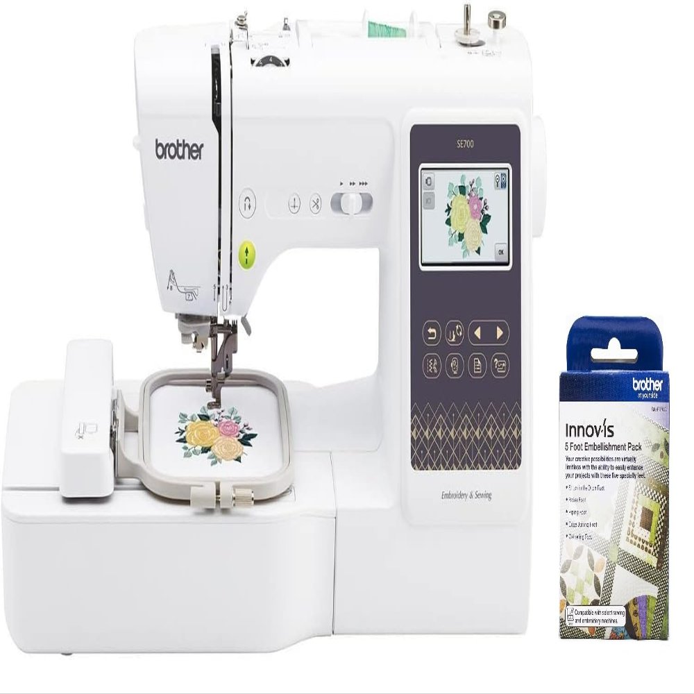 Brother SE700 Sewing and Embroidery Machine, Wireless, 135 Built-in Designs, 103 Built-in Stitches, SA5FTPKG 5 Foot Embellishment Pack Included