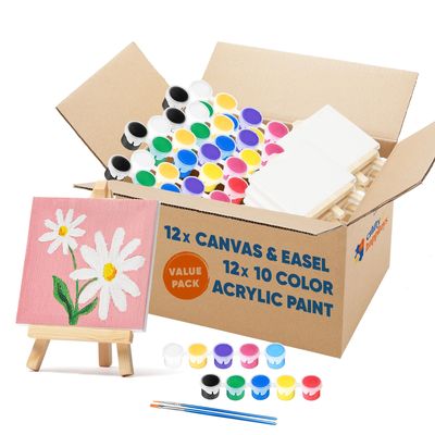 CRAFTY HAPPITOYS Mini Canvas and Easel Set with 10 Colors Acrylic Paint in Bulk Set of 12 - Kids Art Party Favors & Party Supplies - 4x4 Small Canvases for Painting with Mini Easel - Paint for Kids