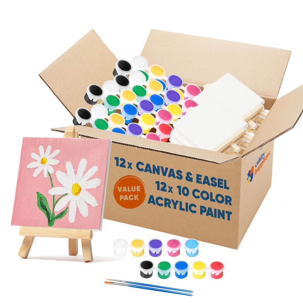 CRAFTY HAPPITOYS Mini Canvas and Easel Set with 10 Colors Acrylic Paint in Bulk Set of 12 - Kids Art Party Favors & Party Supplies - 4x4 Small Canvases for Painting with Mini Easel - Paint for Kids