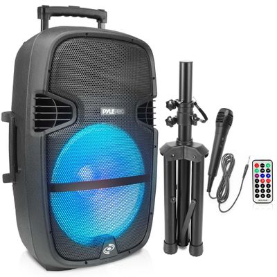 Pyle Portable Bluetooth PA Speaker System - 1000W Outdoor Speaker with 15" Subwoofer, USB/SD Reader, FM Radio, LED Lights, Wheels, Remote Control, Tripod, & Microphone Input