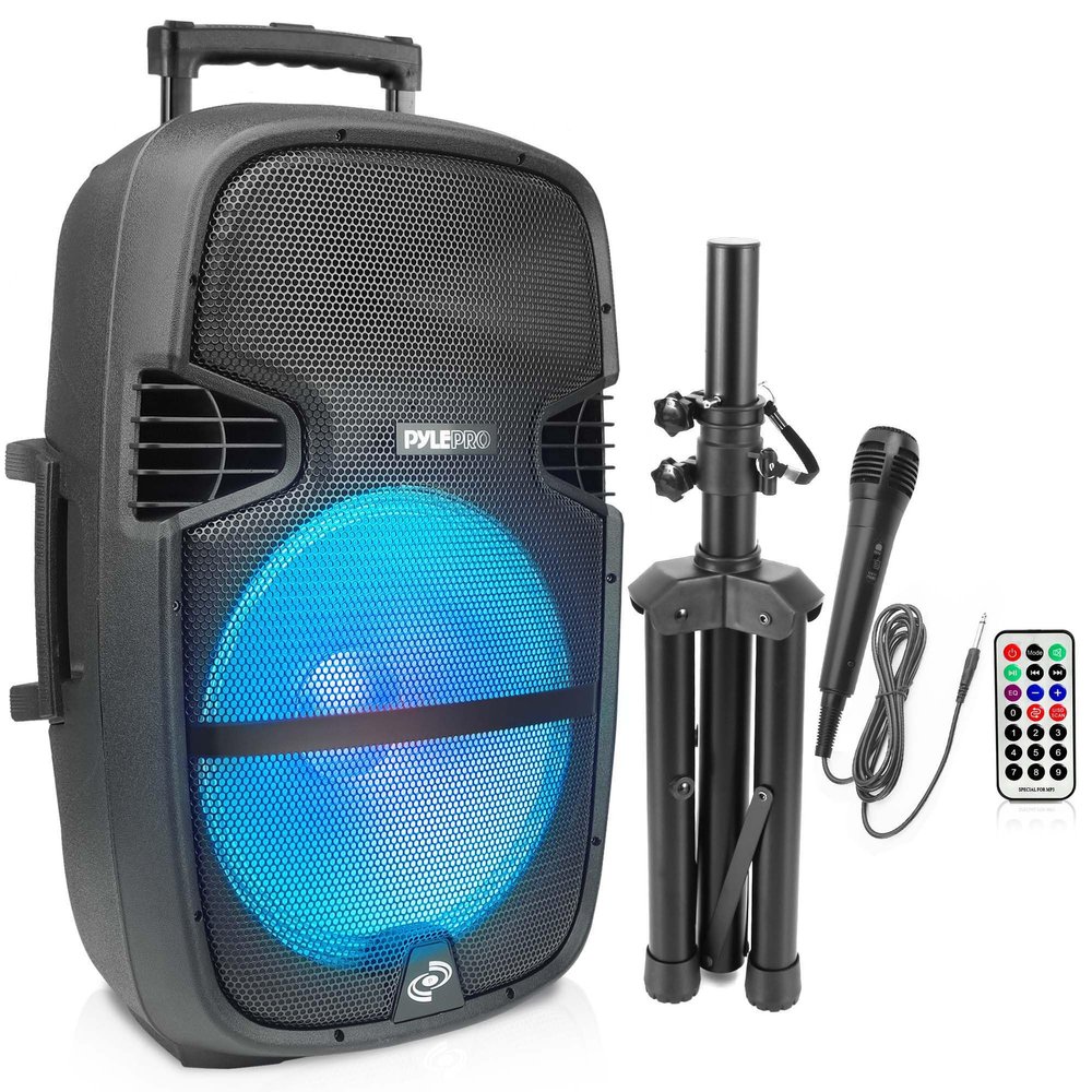 Pyle Portable Bluetooth PA Speaker System - 1000W Outdoor Speaker with 15" Subwoofer, USB/SD Reader, FM Radio, LED Lights, Wheels, Remote Control, Tripod, & Microphone Input