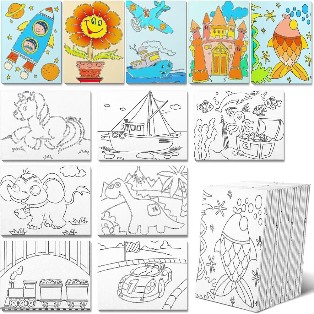 Fulmoon 48 Pcs Pre Drawn Canvas for Painting for Adults Preprinted Bulk 7.8 x 5.8 Inch Pre-Stenciled Painting Canvas Panels for DIY Party Favor Gift Activities, 12 Style