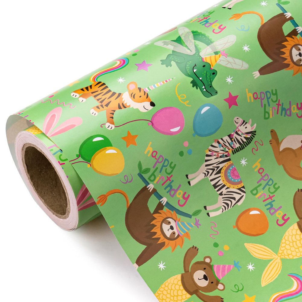 WRAPAHOLIC Animal Kids Birthday Wrapping Paper Roll - Mini Roll - 17 Inch x 33 Feet - Baby Animal Bday Design, Perfect for Birthday, Party, Holiday