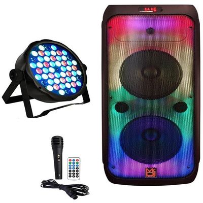 MR DJ USA FLAME3200 8" X 2 Rechargeable Portable Bluetooth Karaoke Speaker with Party Flame Lights Microphone TWS USB FM Radio + 54-LED Slim Par Wash DJ Light