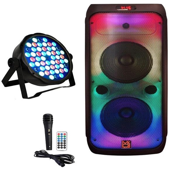 MR DJ USA FLAME3200 8" X 2 Rechargeable Portable Bluetooth Karaoke Speaker with Party Flame Lights Microphone TWS USB FM Radio + 54-LED Slim Par Wash DJ Light