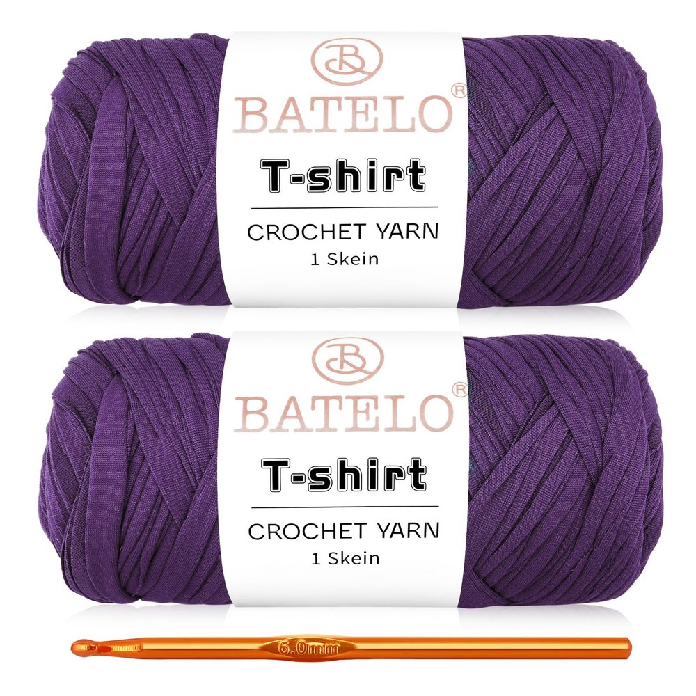BATELO 2 Pack T-Shirt Crochet Yarn for Beginner Projects, High Elastic Thick Yarn Polyester Fabric (Purple, 400g/144yds)
