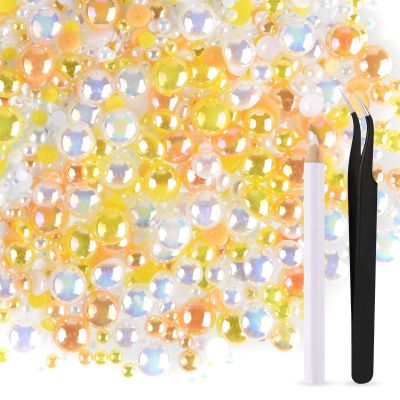ASTARON 50g Mix Flatback Rhinestones Half Pearls for Crafts Mixed Size 3mm-10mm Flat Back Rhinestones for Crafts Flatback Pearls for Decorating Tumblers Mugs Nail Art Shoes (Yellow White Series)