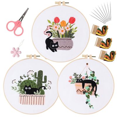 WEENEO Black Cat Embroidery Kit for Beginners Floral Plant Needlepoint Kit for Adults Cross Stitch Starter Kit with Embroidery Hoop Needles,Threads and Stamped Embroidery Patterns,3 Embroidery Set