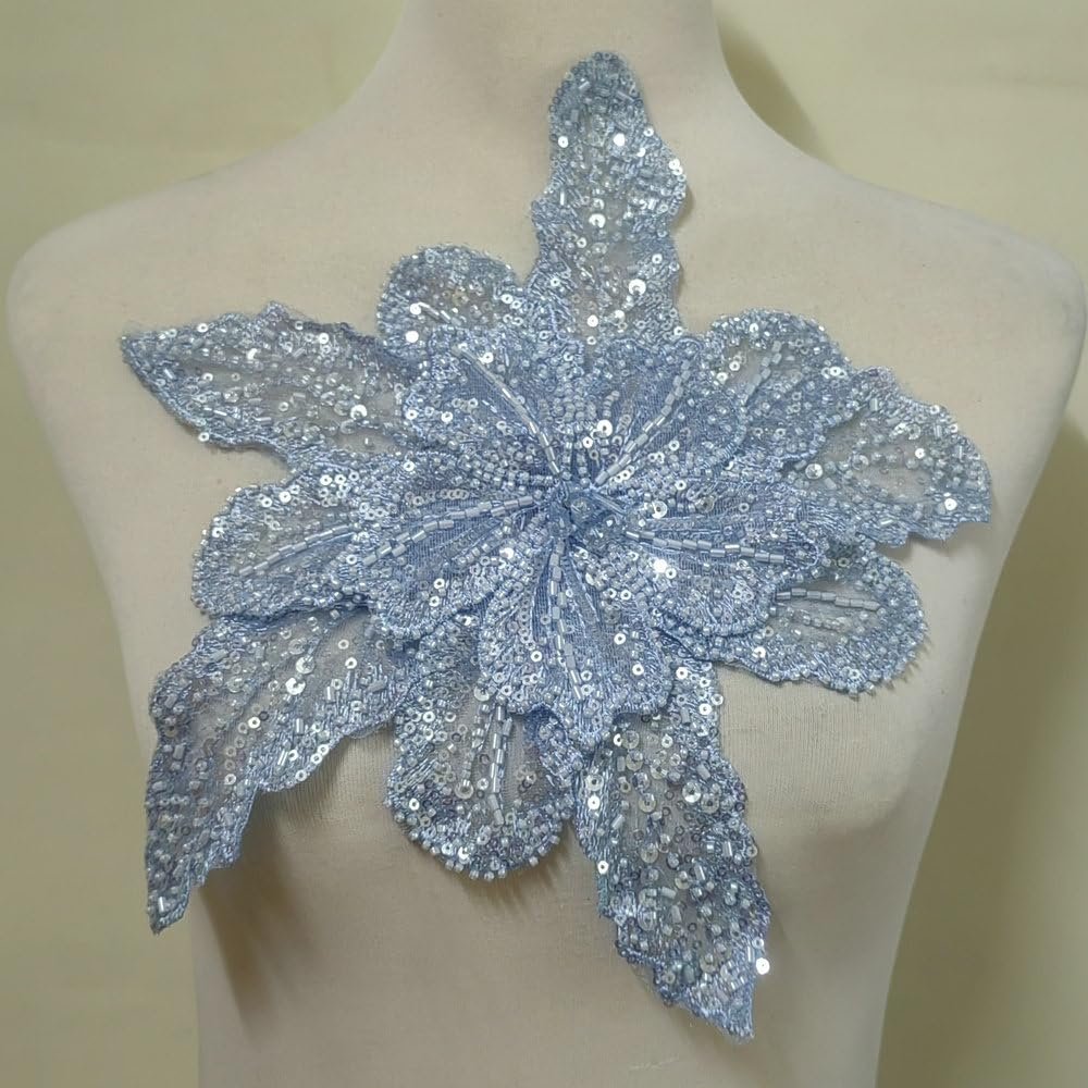 Embroidered Lace Applique Sequin Beading Decoration/Clothing Accessories/Wedding Headwear/Wedding Stickers Flowers (Blue)