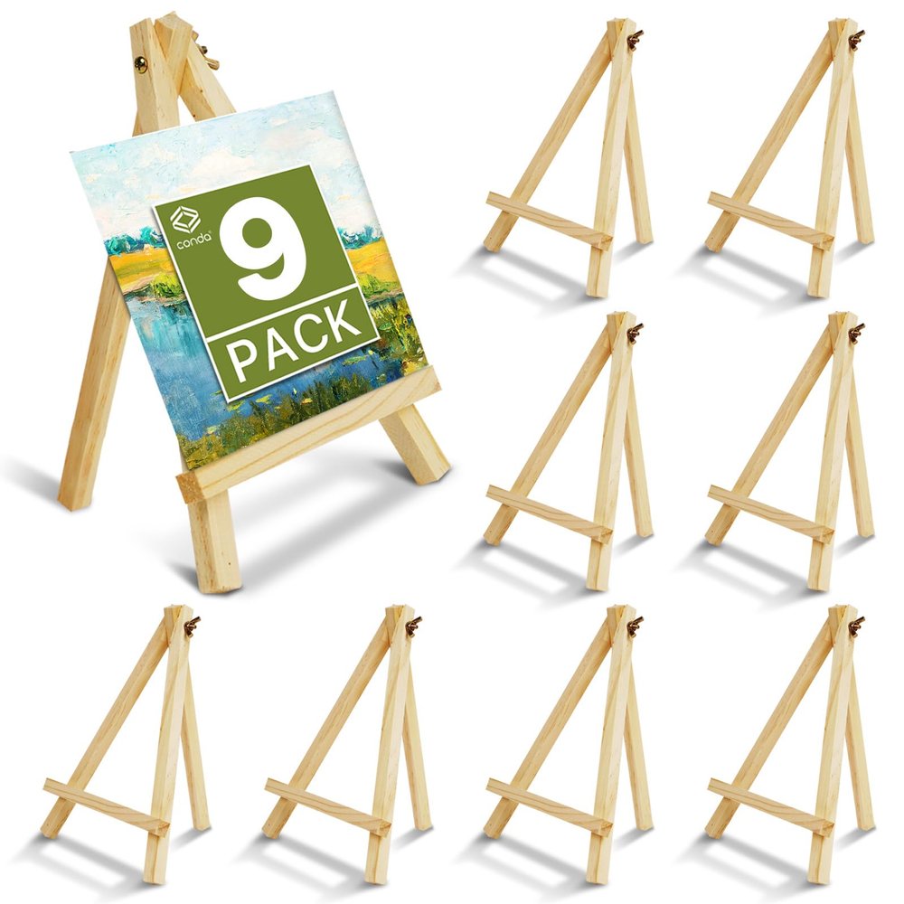 Conda 9 Pack 9 Inch Mini Wooden Display Easels, A-Shaped Mini Easel Stand for Small Painting, Painting Party Easel for DIY Crafts, Photos, Gift, Decoration