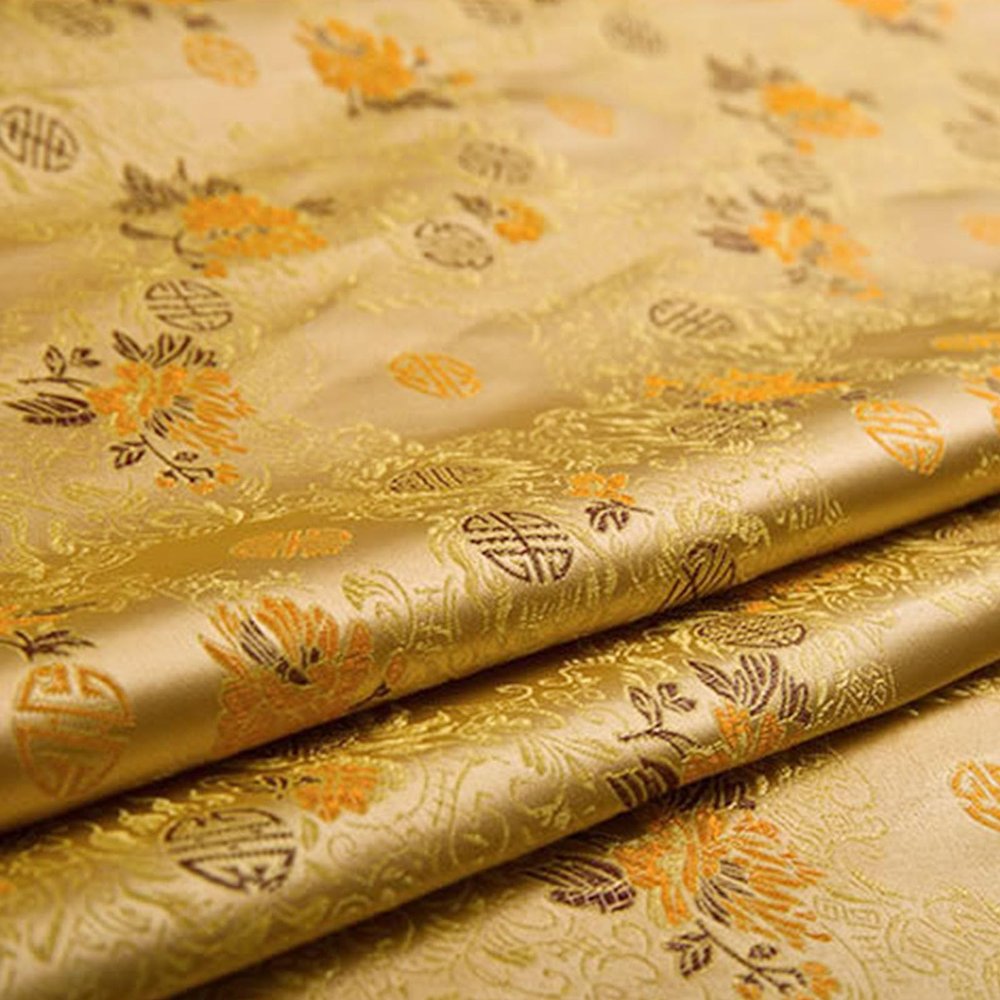 Jacquard Brocade Fabric Satin Covering Fabric,Dress Fabric Material Jacquard Crafts Bright Flower Longevity Meaning Round Cushion Cushion Classic Ancient Dynasty Retro Smooth Beautiful Cloth(Color:Yel