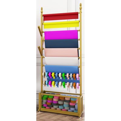 Floor Standing Ribbon Holder Organizer Stand 9-Layer, Large Capacity Flower Store Wrapping Storage for Washi Tape/ Tulle Tape Roll, Metal Thread Rack Pants Scarf Display Shelf(Color:Gold,Size:70x35x18