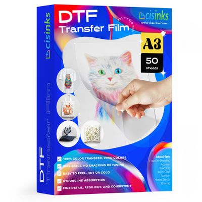 Cisinks Premium DTF Transfer Film 11.75"x16.5" - A3 Hot/Cold Peel 50 Sheets Matte Clear PreTreat PET Heat Transfer Paper for DIY Direct Print on All Fabric and Colors T-Shirts Textile