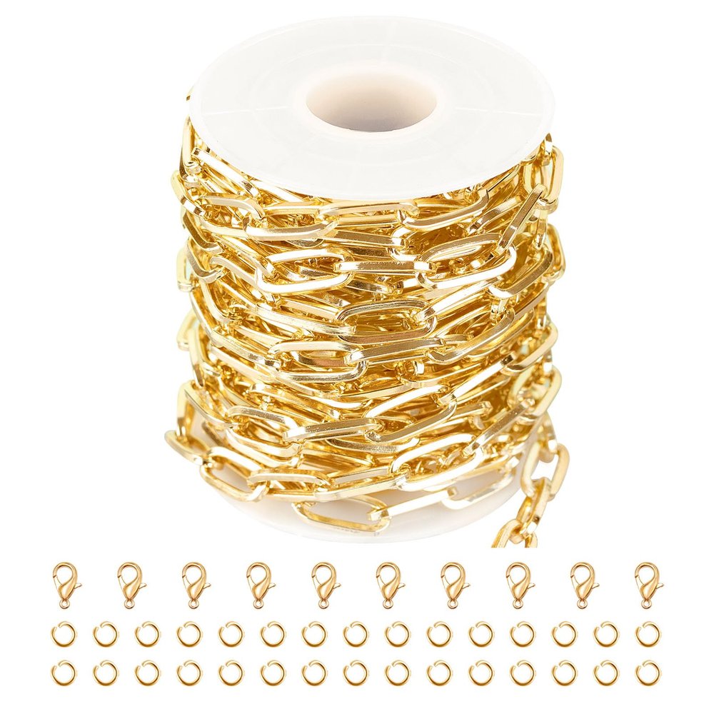 Jabogrii 5 Meters Paperclip Jewelry Making Chains Gold Plated Aluminum DIY Craft Chain Roll with Lobster Clasps and Jump Rings for Jewelry Making
