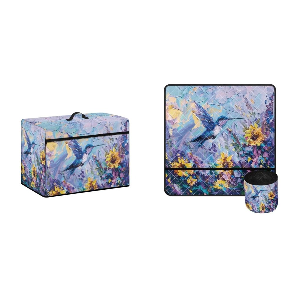 Kathyboom Sunflower Hummingbird Sewing Machine Cover & Mat with Pockets - Dust Resistant, Machine Washable