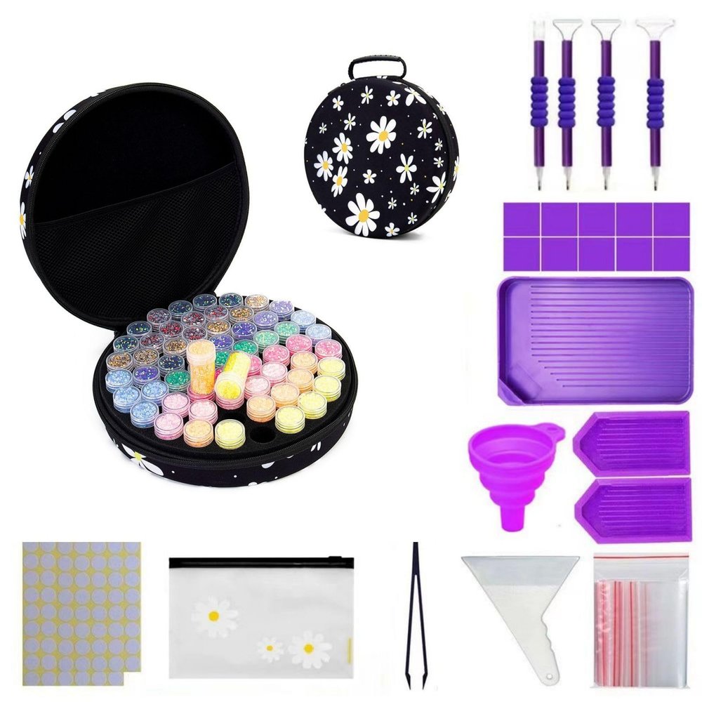 ARTopet Diamond Art Painting Storage Containers Portable Round 60 Slots Bead Storage Case with Diamond Art Accessories and Tools for DIY Art Crafts Painting Jewelry Beads Nail