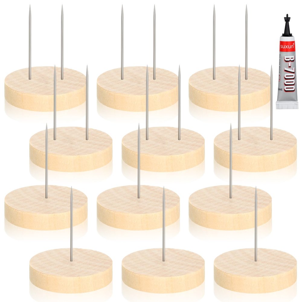 Threehoney 12 Pcs Crochet Doll Stand Wooden Knitted Doll Stand with Double Single Steel Needle Glue Wood Crochet Display Holder Base for Action Figures Showcase Support Bracket Displaying