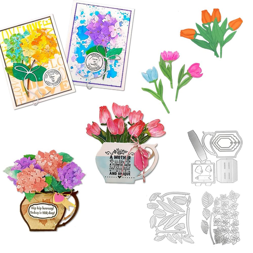 Alinacutle Hydrangea Flowers & Tulip Flower&Vase Set Metal Cutting Die Cut for Gift Paper Craft Handmade Card Making DIY Greeting Cards Scrapbooking Album Art
