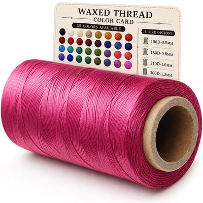 Flat Waxed Thread for Leather Sewing, 100D 0.6mm 460 Yard Polyester Waxed Cord for Hand Stitching, Bookbinding, Wallet Making and DIY Leather Craft, Rose Red