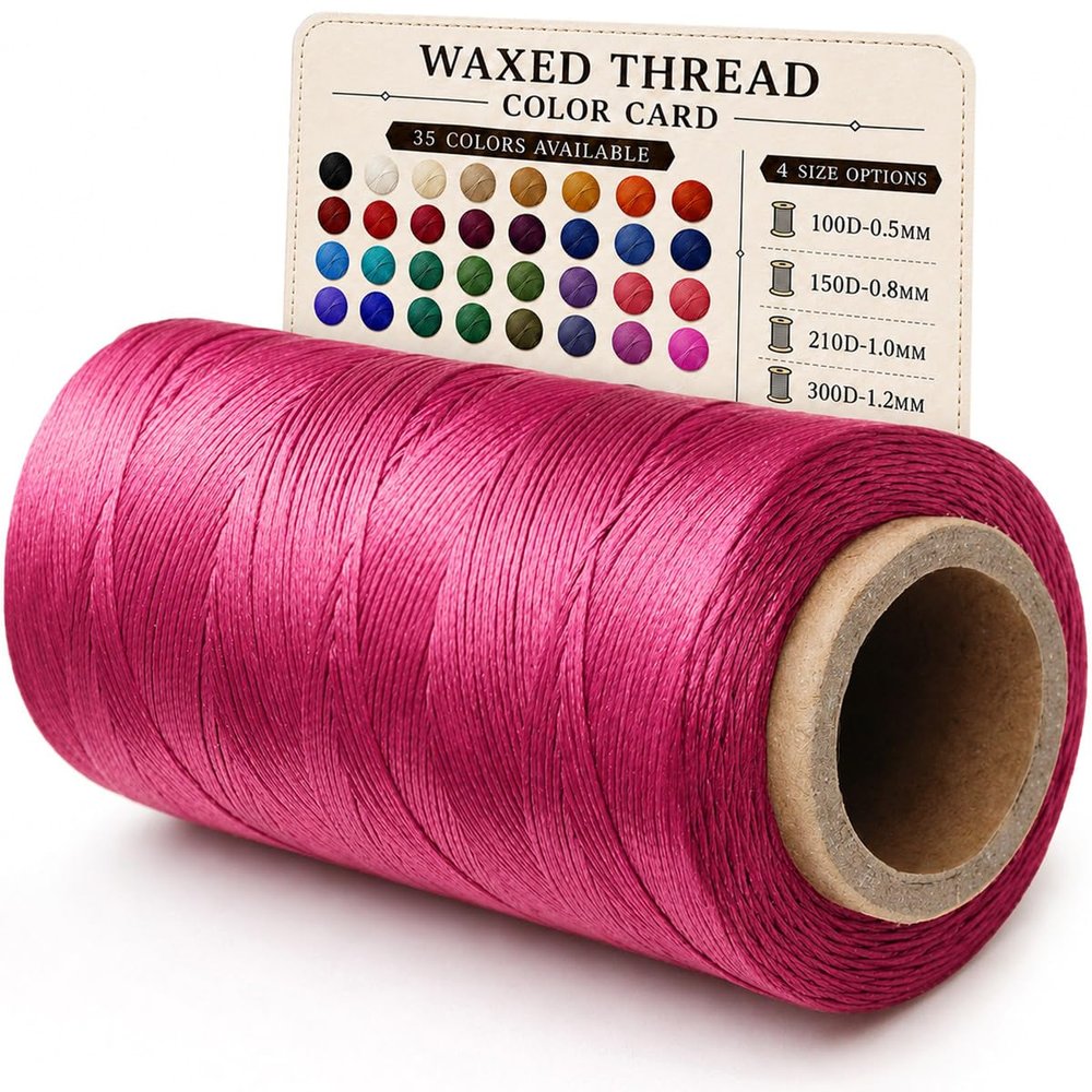 Flat Waxed Thread for Leather Sewing, 100D 0.6mm 460 Yard Polyester Waxed Cord for Hand Stitching, Bookbinding, Wallet Making and DIY Leather Craft, Rose Red