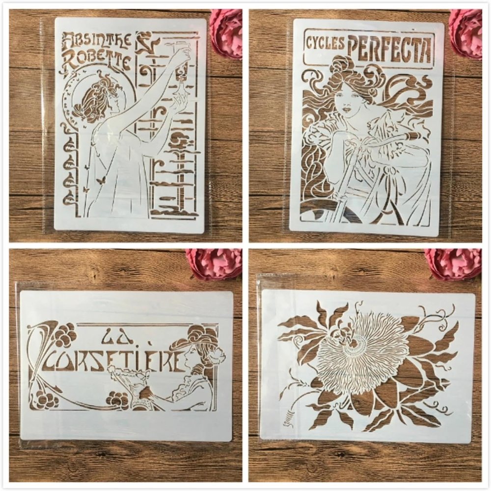 JIAPAILAIYUN Stencils for Painting,4Pcs A4 29cm Goddess Flower Reusable Drawing Craft Stencil for Painting on Wood,Rock,Wall,Tile,Furniture,Canvas,Journal