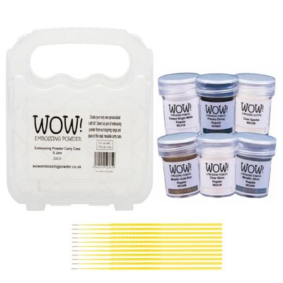 Trebbies Wow! Embossing Powder Bundle - The 6 Essentials (Gold Metallic, Silver Metallic, Bright White, Ebony, Clear Regular, Clear Sparkle) with Storage Case Detail Sticks