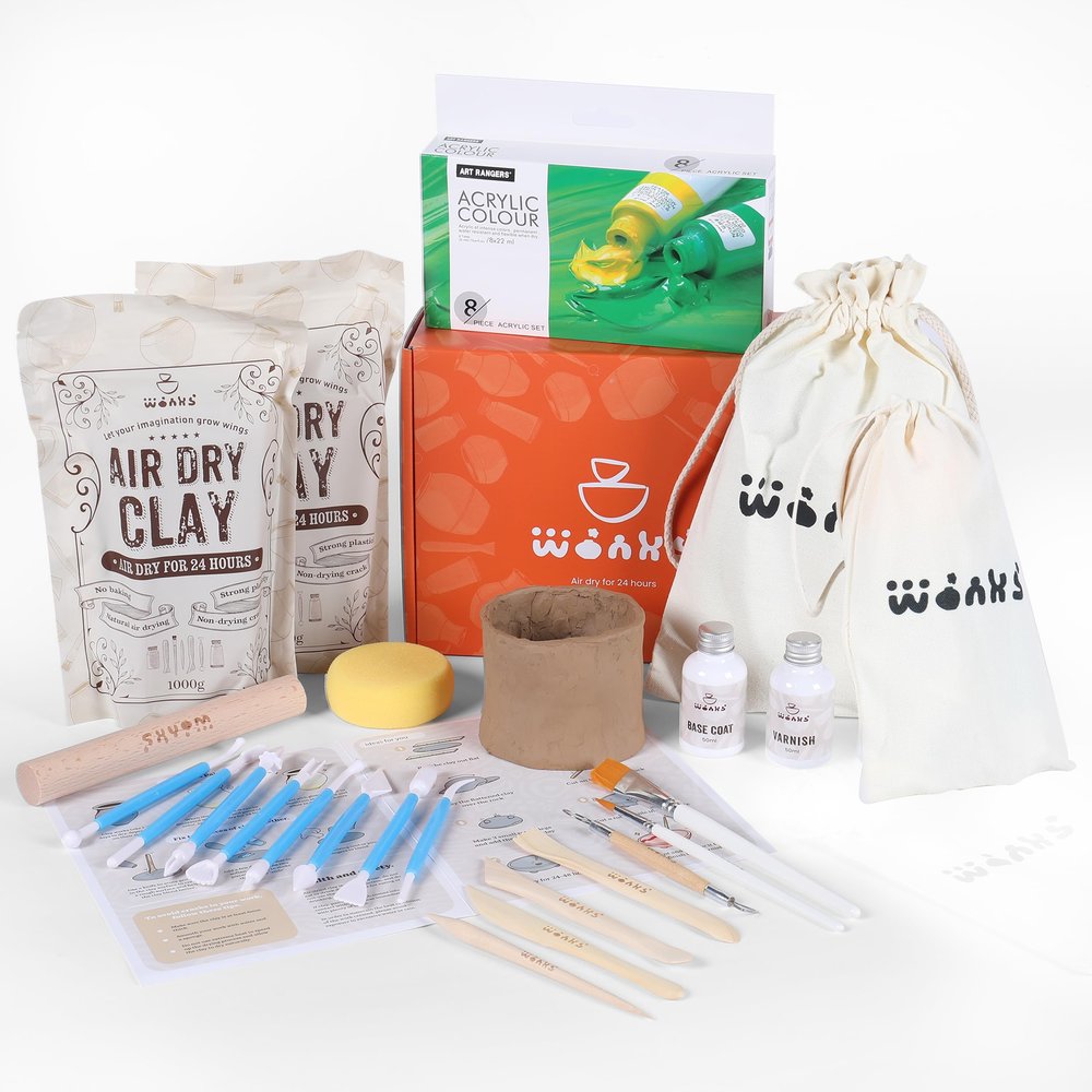 Wonks Air Dry Clay Pottery Kit for Adults & Kids - 30 Piece Kit - Acrylic Paint & Sculpting Tools Included - Carving Tools, Sponge & More - A Complete Beginners Pottery Set - 2KGs of Clay Included