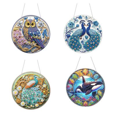 DIY Acrylic Diamond Art Painting Wreath Kits Special Shaped Rhinestone Round Diamond Art Window Hanging Pendants Decorations Kits (Single Side Point Drill) (39-4PC)