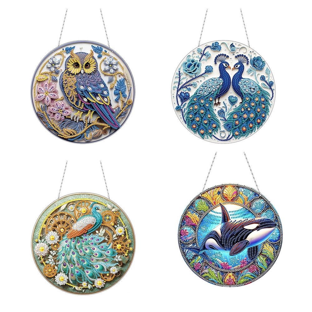 DIY Acrylic Diamond Art Painting Wreath Kits Special Shaped Rhinestone Round Diamond Art Window Hanging Pendants Decorations Kits (Single Side Point Drill) (39-4PC)