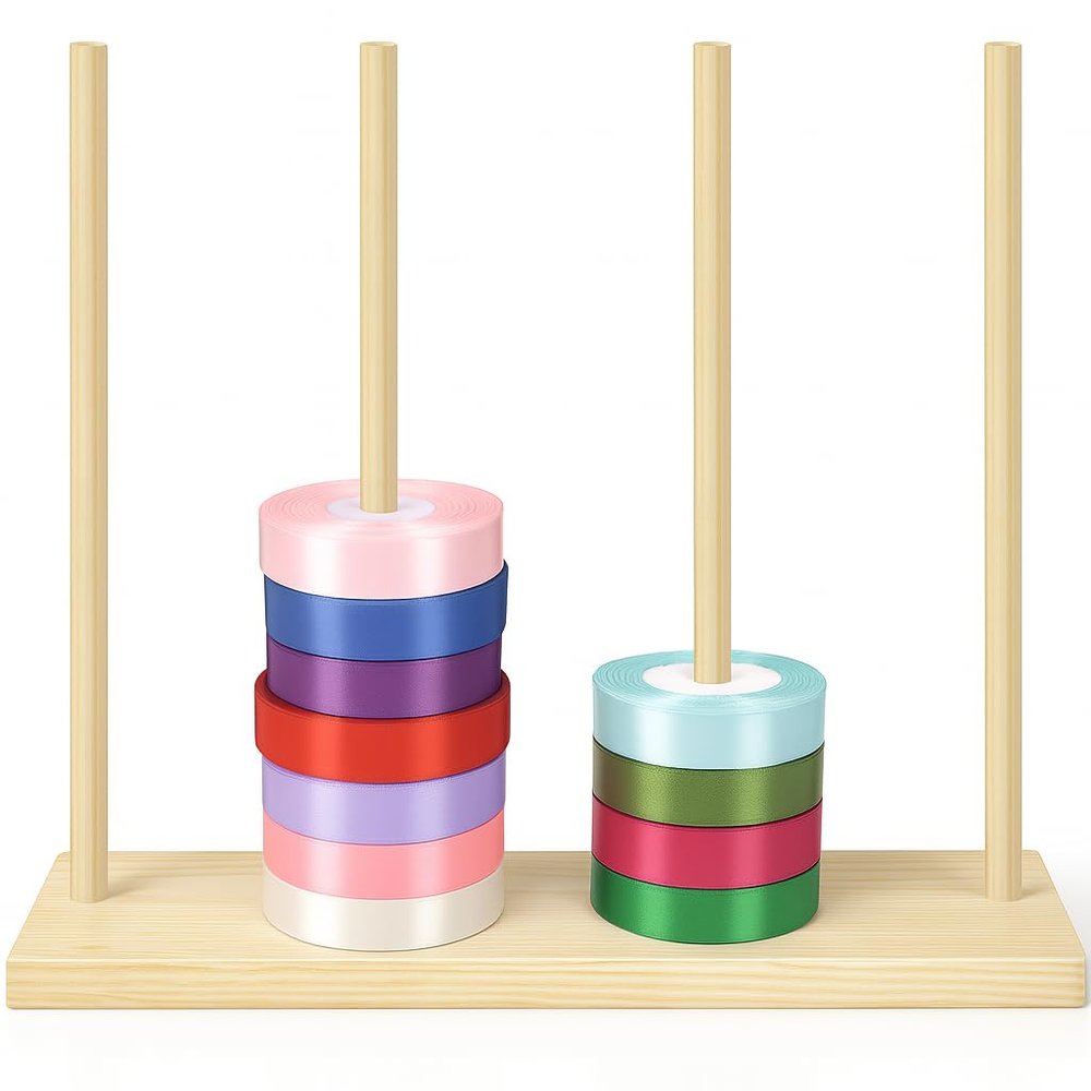Wooden Ribbon Organizer, Ribbon Rack Storage, Spool Holder, Washi Tape Organizer for Craft Room Sewing Mesh Crochet Thread Tape Wreath Roll Florist Arts Wrapping Gift