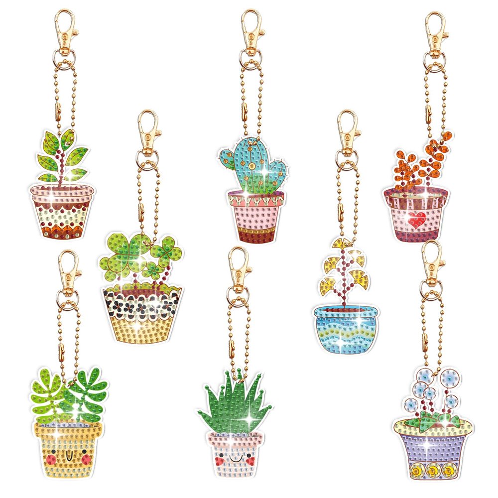 DoxQcs Diamond Art Painting Keychains Kit, Diamond Keychains Kit DIY Hanging Pendant Hanging Bag Key (Double-Sided Drilling)-#03-8PC Potted Plant