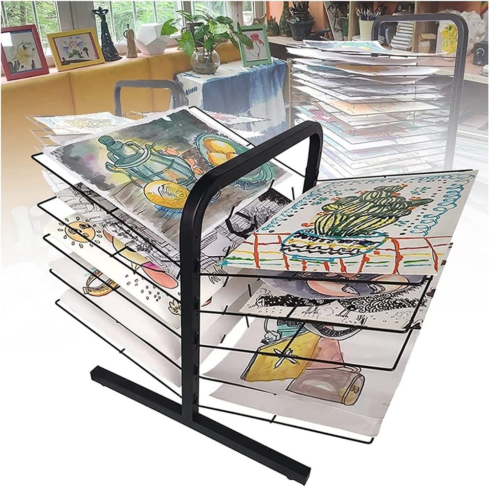 Desktop Art Drying Rack Space Saving Portable Paint Drying Rack 10 Shelves Metal Steel Artwork Storage Display Rack for Art Studios & Classrooms, 25.6" x 17.7" x 16.5", Black