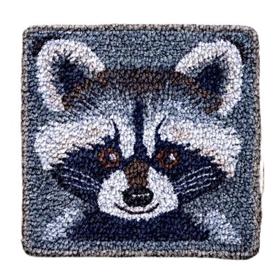 Cartoon Grey Raccoon Latch Hook Rug Kit for Beginner Kids Easy Little Mat with Printed Canvas DIY Hook Making Crochet Yarn Craft Tapestry for Decoration and Gift 12x12inch