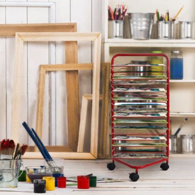 Mobile Art Rack for Classroom Painting Crafts Drying, Stackable Metal Artwork Storage Display Rack Art Drying Rack with 16 Wire Shelves, Ideal for Schools and Art Clubs (Color : Red, Size : Small)