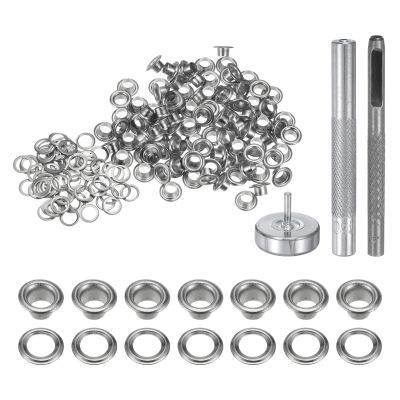 HARFINGTON 100pcs Grommet Tool Kit 4mm Copper Grommet Eyelet Set with Hole Hollow Punch, Grommet Setter Tools for Clothing Leather Fabric Belt, Silver Tone