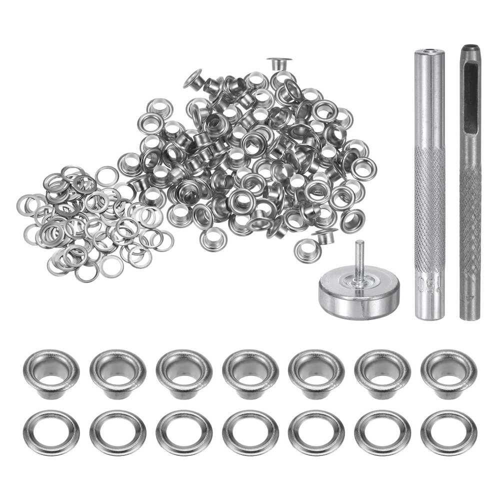 HARFINGTON 100pcs Grommet Tool Kit 4mm Copper Grommet Eyelet Set with Hole Hollow Punch, Grommet Setter Tools for Clothing Leather Fabric Belt, Silver Tone