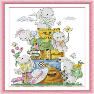 Stitchmelody Stamped Cross Stitch Kits,11CT Printed Pattern Embroidery Set,Rabbit Journey 18.5''X23.2'