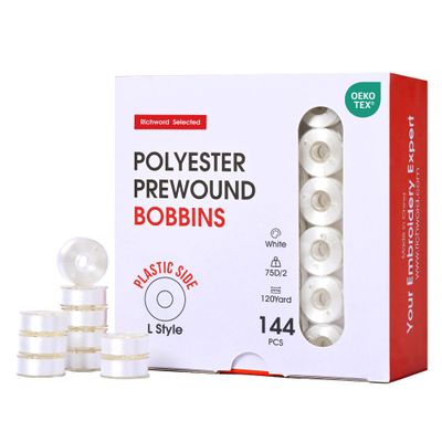 Poolin Prewound Bobbins, Richword Selected Plastic Sided, 144pcs Size L(SA155), 75D/2(60WT) Polyester Bobbin Thread for Commercial Multi Needles Embroidery Machine, White 110 Yards