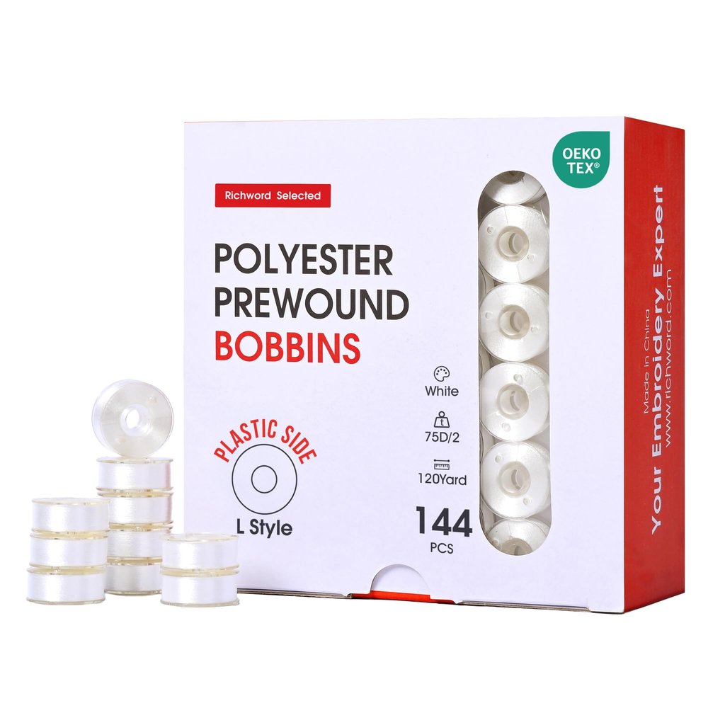 Poolin Prewound Bobbins, Richword Selected Plastic Sided, 144pcs Size L(SA155), 75D/2(60WT) Polyester Bobbin Thread for Commercial Multi Needles Embroidery Machine, White 110 Yards