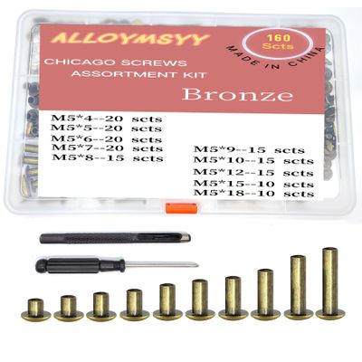 ALLOYMSYY 160Sets Chicago Screws with Hole Puncher and Screwdriver Leather Rivet Assorted10 Sizes of Screw Rivets Chicago Screws for Decorate and Repair Leather Craft Belt Bag Shoes Purse Bookbinding
