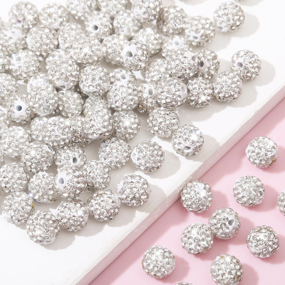 200Pcs Rhinestone Beads 10mm White Sparkle Round Shamballa Disco Ball Beads, Shiny Crystal Clay Pave Diamond Rhinestones Bead for Necklace Bracelet Earring Jewelry Making Supplies Party Decoration