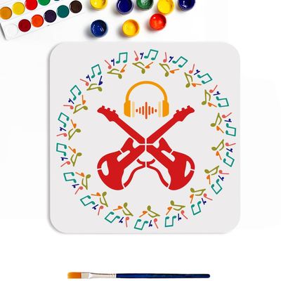 MAYJOYDIY Guitar Music Note Stencil 11.8x11.8inch Reusable Music Theme Template Earphone Audio Pattern PET Hollowing Template Symmetrical Pattern Stencil for Painting Wall Home Decor