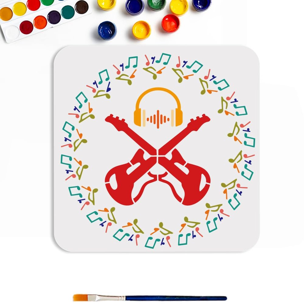 MAYJOYDIY Guitar Music Note Stencil 11.8x11.8inch Reusable Music Theme Template Earphone Audio Pattern PET Hollowing Template Symmetrical Pattern Stencil for Painting Wall Home Decor
