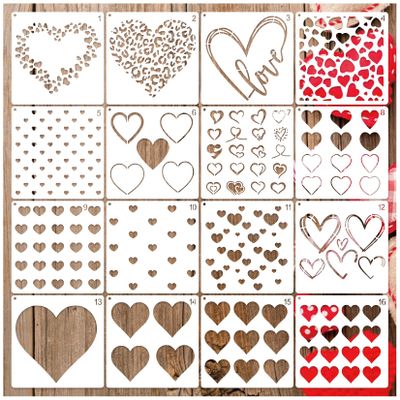 16 Pieces Heart Stencils for Crafts Reusable Mixed Media Geometric Stencils for Painting on Canvas Scrapbook Paper Fabric Pillows Card Making (16 Heart)