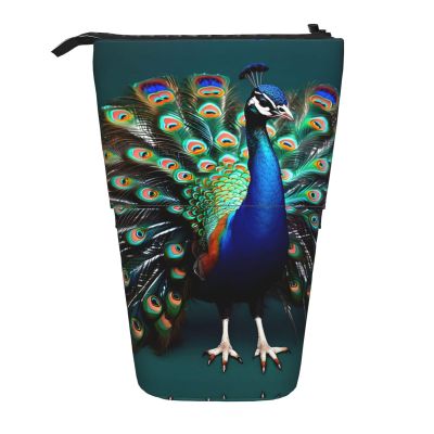 YQxwJL Beautiful Peacock Print Telescopic Pencil Pouch Bag Pop Up Pencil Case Stand Up Pen Holder Cute Pen Bag For Adult